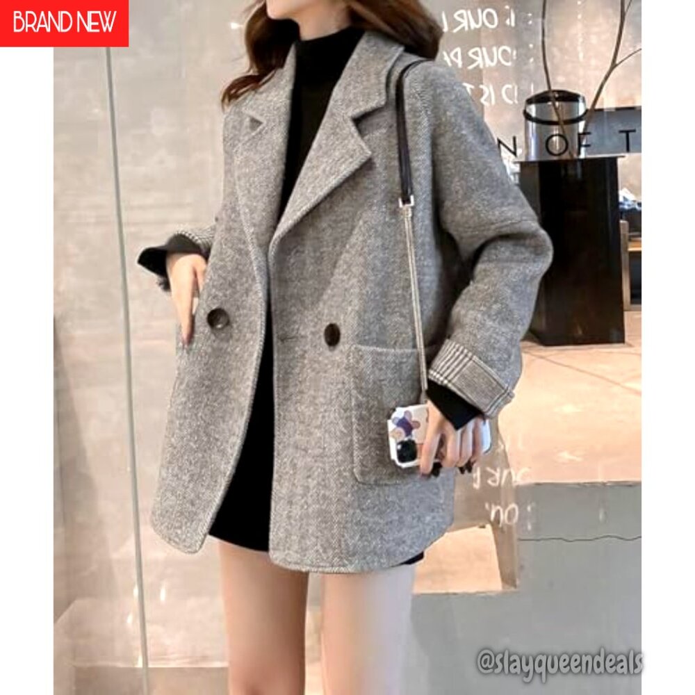 Women's Wool Blend Double Breasted Blazer Herringbone Pattern Notched Lapel - Picture 5 of 7